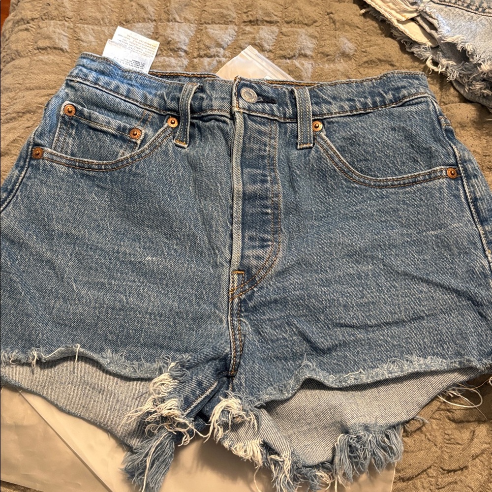 Classic High-Rise Distressed Denim Shorts - Blue